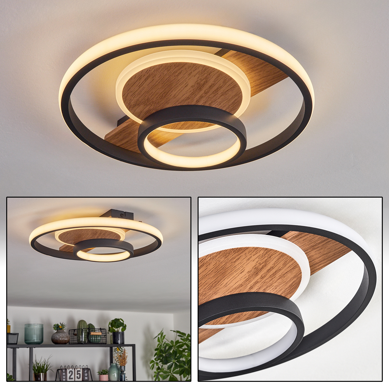 Eine moderne Deckenleuchte mit schwarzen Ringen, Holzpaneel und inneren weißen Ringen. Das Licht ist an. Der Hintergrund ist eine weiße Decke.