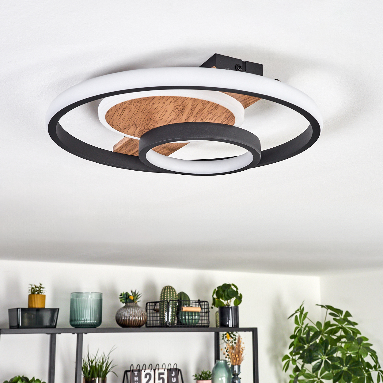 Deckenlampe mit schwarzen und weißen Ringen und Holzsockel. Darunter ist ein Regal mit Pflanzen und Dekorationen zu sehen.