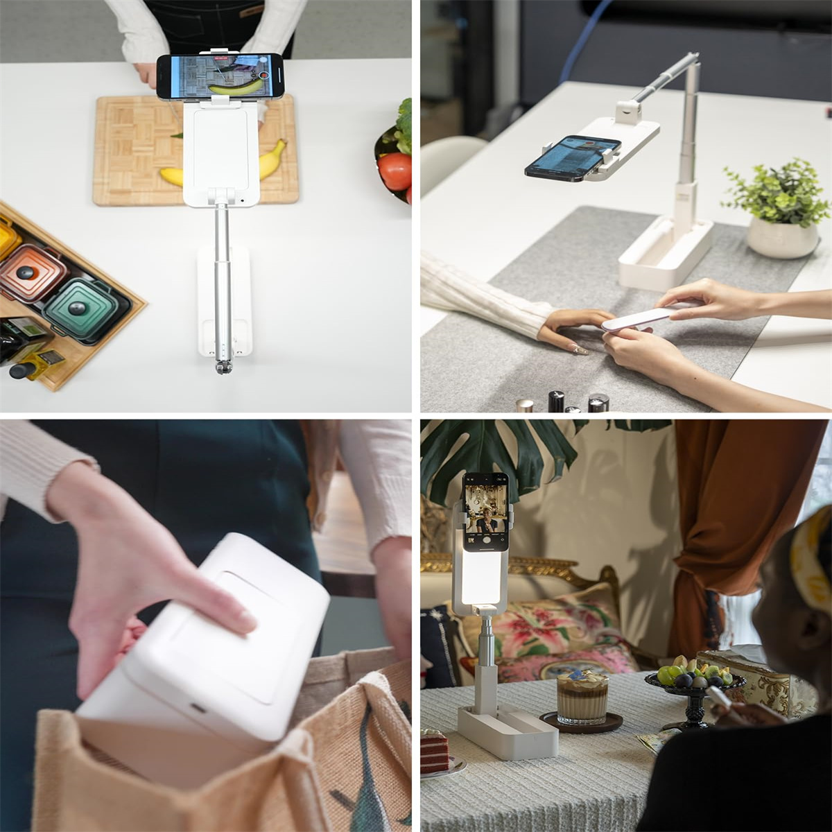 Vier Bilder zeigen einen Telefonhalter in verschiedenen Umgebungen. Eines zeigt die Essenszubereitung, Nagelpflege, Verpackung und einen gedeckten Tisch mit Essen.