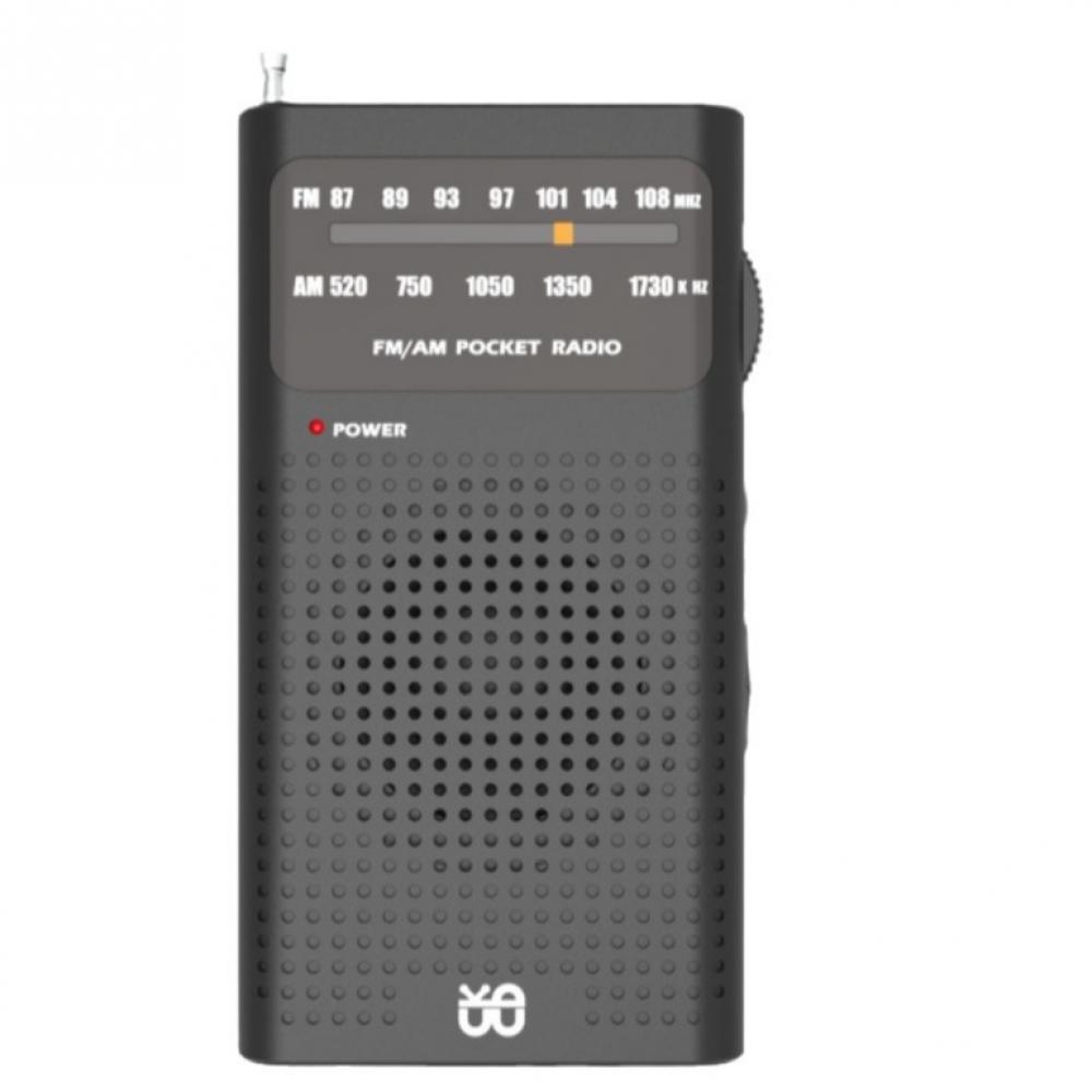 Ein schwarzes Taschenradio mit einem Abstimmrad, Frequenznummern und einem Lautsprechergitter. Der Power-Knopf ist rot.