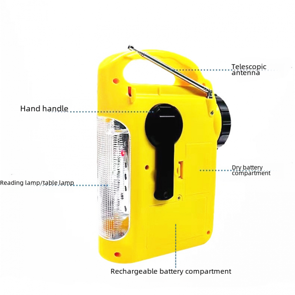 Gelbe tragbare Lampe mit Antenne, Handgriff, Leselampe, Trocken- und wiederaufladbaren Batteriefächern.