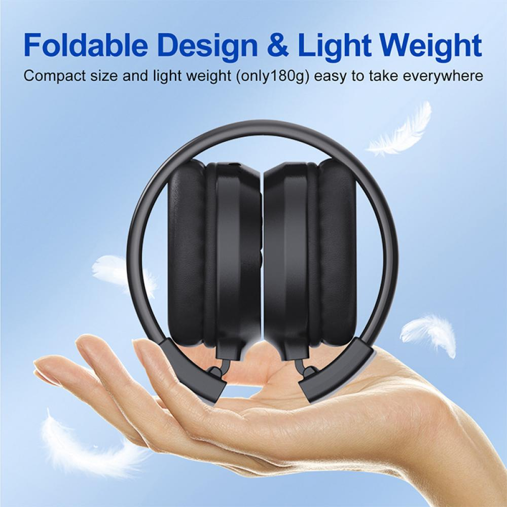 Schwarze Kopfhörer werden in einer Hand gehalten. Der Hintergrund ist hellblau mit weißen Federn. Der Text lautet Foldable Design & Light Weight.