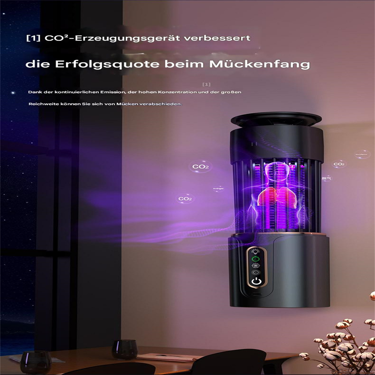 Eine schwarze Mückenfalle mit lila Leuchten, an der Wand befestigt. Sie zeigt ein Diagramm eines menschlichen Körpers und CO2-Blasen.