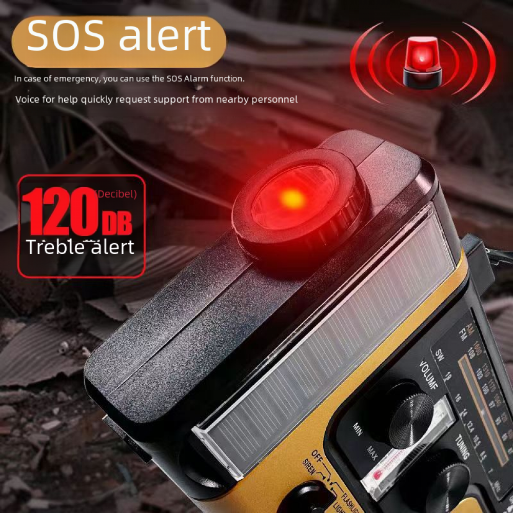 Nahaufnahme eines Notfallradios mit rotem Blinklicht. Text hebt SOS-Alarm, 120DB und ein Sirenen-Symbol hervor.