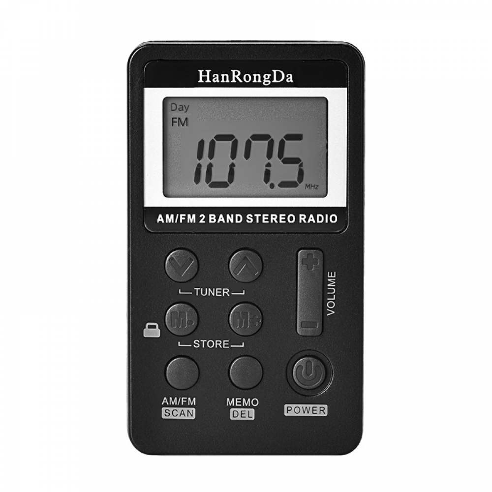 Ein schwarzes Radio mit Digitalanzeige, die 107,5 MHz anzeigt. Tasten zum Einstellen, Speichern, Lautstärke und Ein/Aus sind sichtbar.