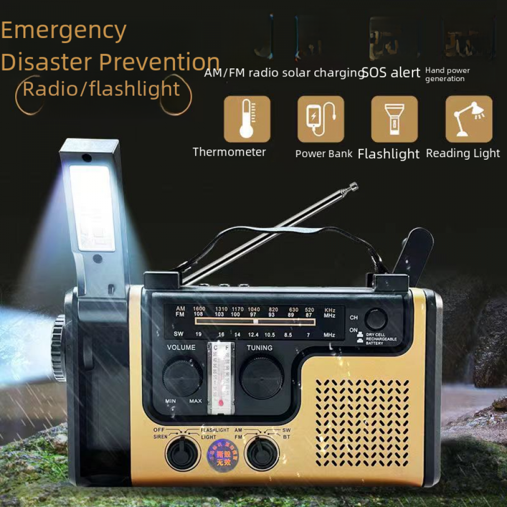 Eine Notfall-Radio-/Taschenlampen-Kombination. Zu den Funktionen gehören ein AM/FM-Radio, Thermometer, Powerbank, Taschenlampe und Leselicht.