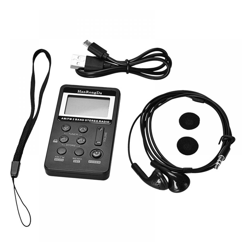 Ein schwarzes AM/FM-Radio mit USB-Kabel, Ohrhörern und einem Schlüsselband. Das Radio hat Knöpfe, einen Bildschirm und das HanRongDa-Logo.