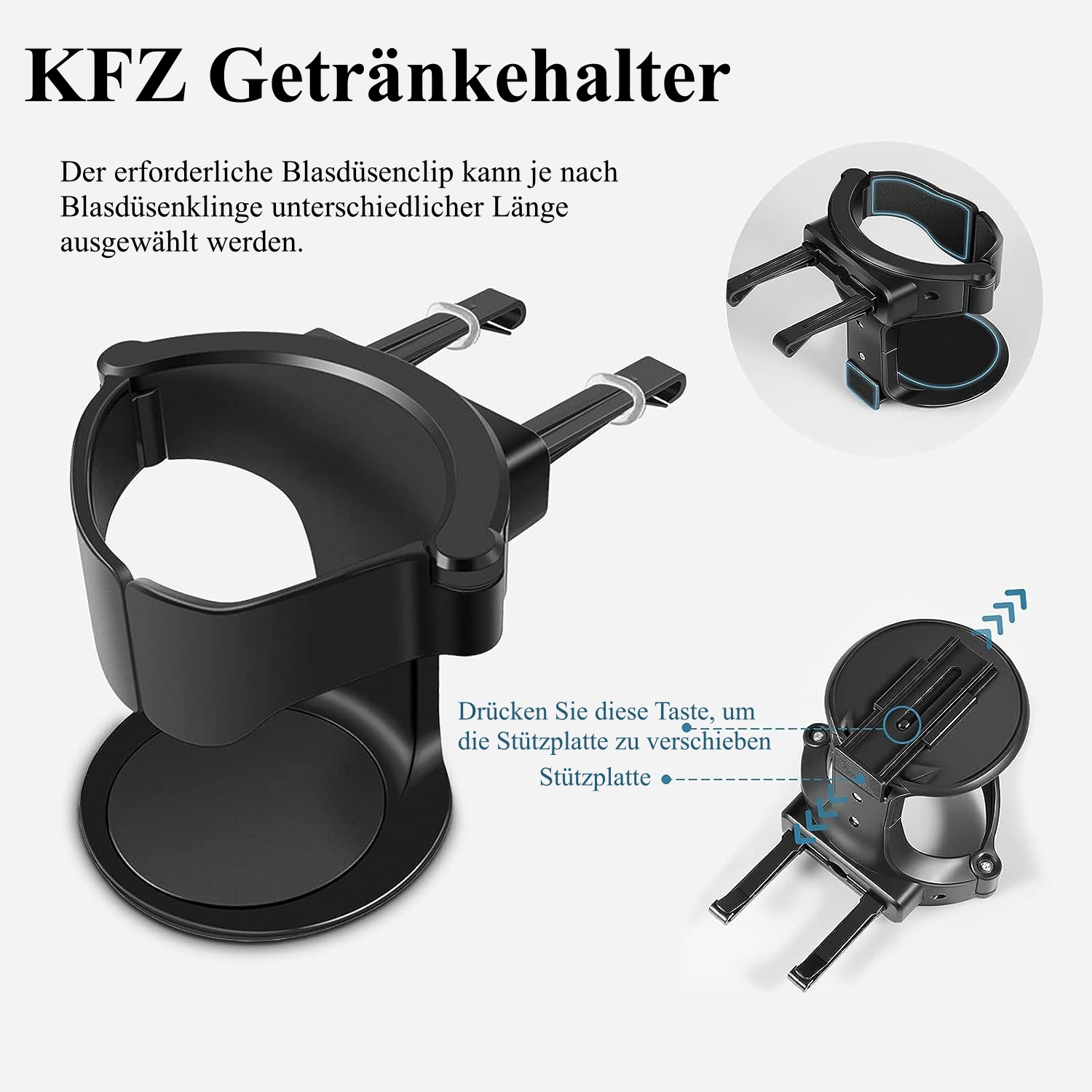 Ein schwarzer Getränkehalter für Autos wird in drei verschiedenen Ansichten gezeigt. Text auf Deutsch beschreibt das Produkt.