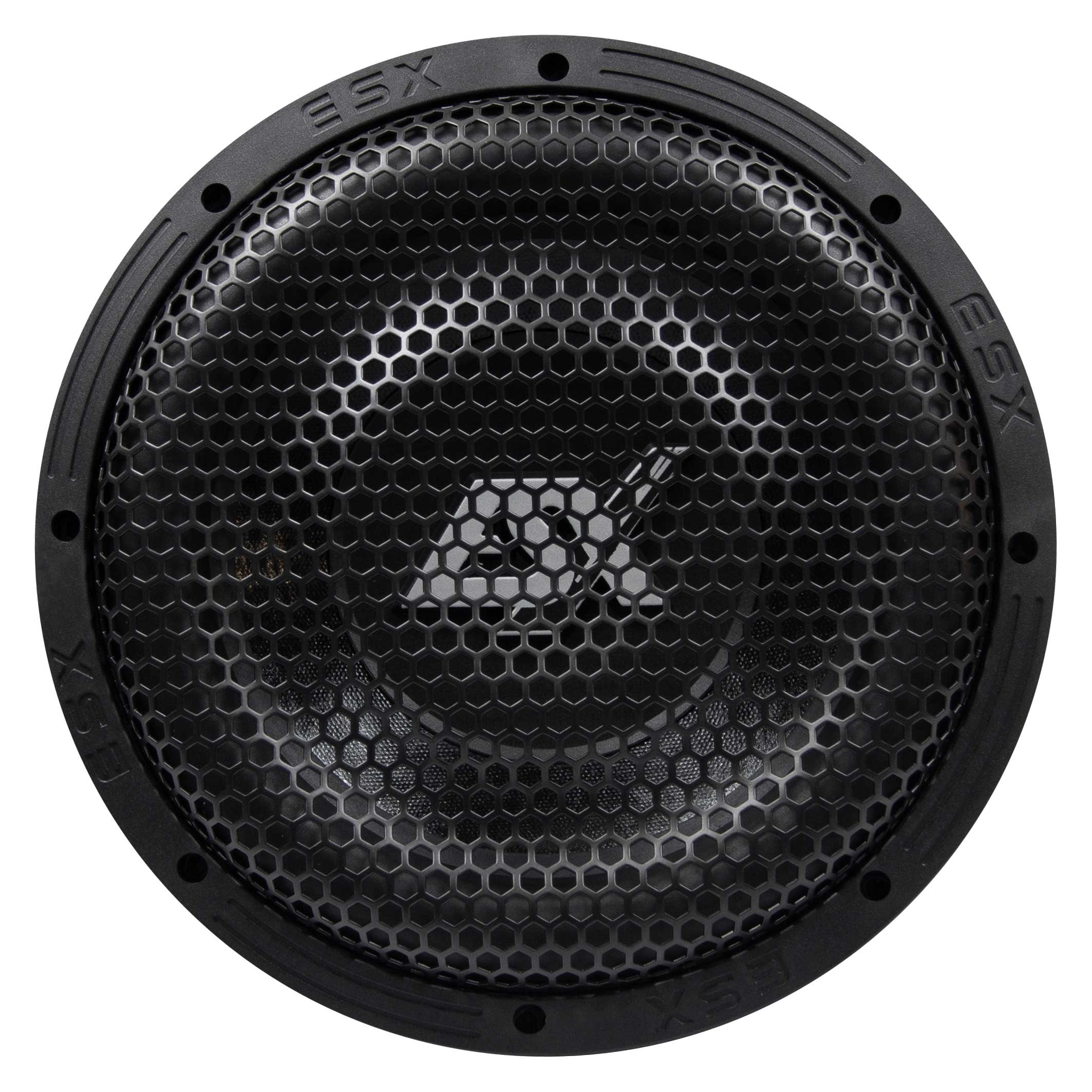 Schwarzer Subwoofer mit Wabenmuster und silbernem Logo in der Mitte. Der Rand ist schwarz mit dem ESX-Logo.