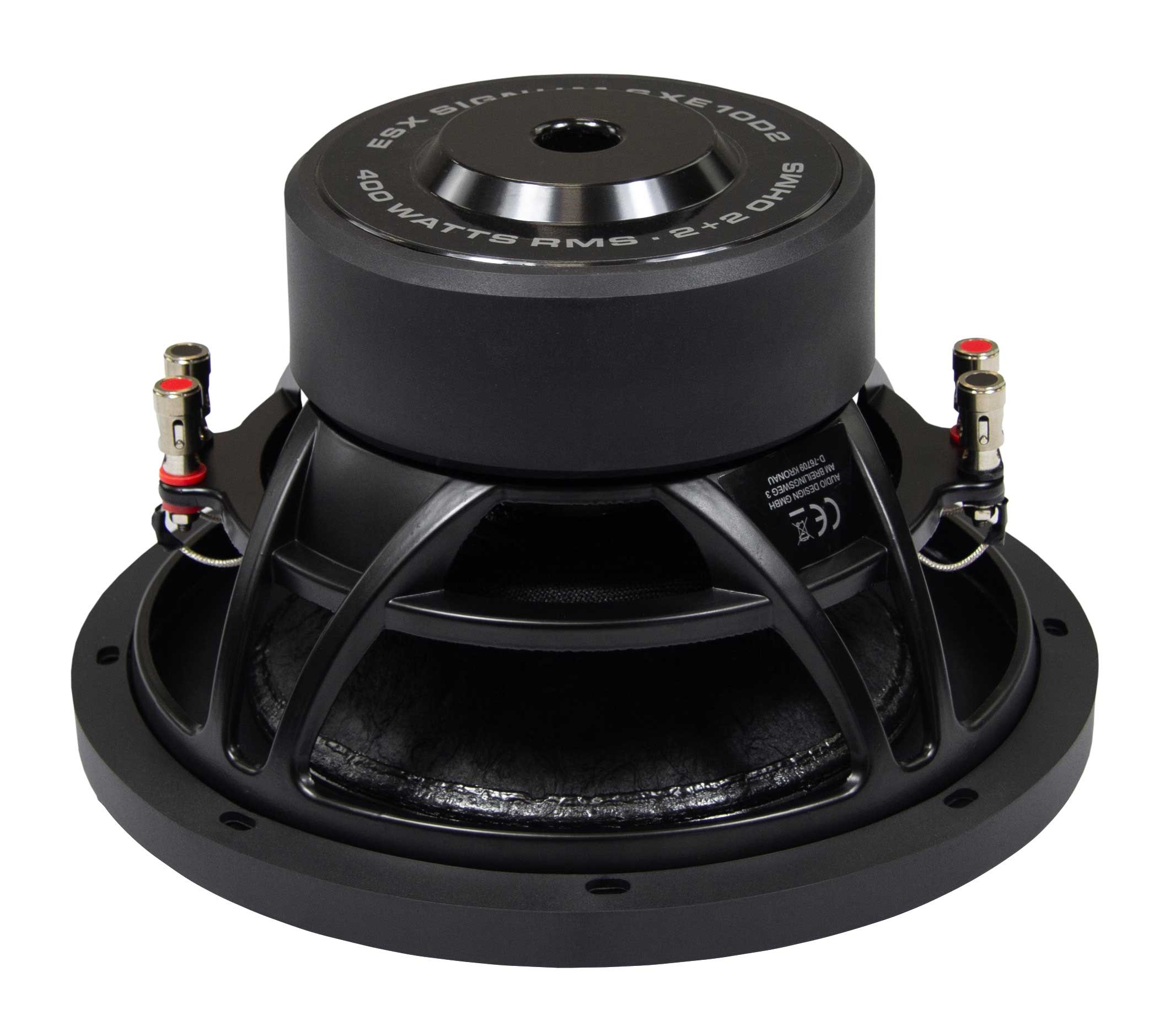 Ein schwarzer ESX-Subwoofer mit silbernem Text. Er hat einen Metallkäfig und rot-silberne Anschlüsse.