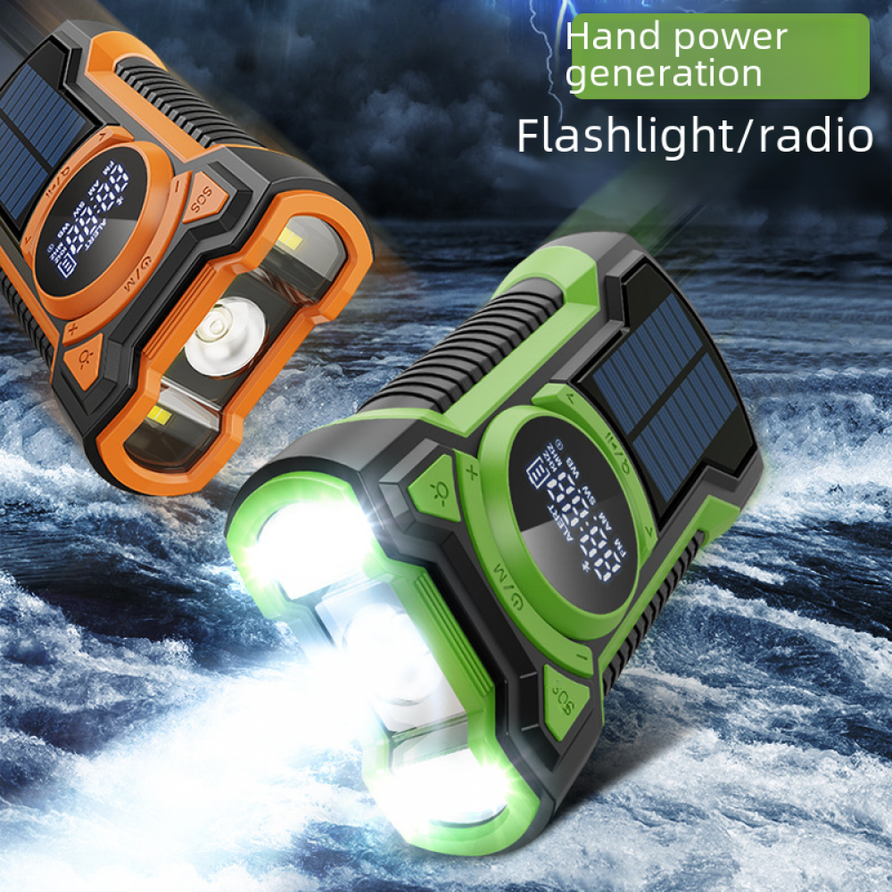 Zwei Taschenlampen mit Solarpanels, eine orange, eine grün, vor stürmischer See. Text: 'Handstromerzeugung, Taschenlampe/Radio'.