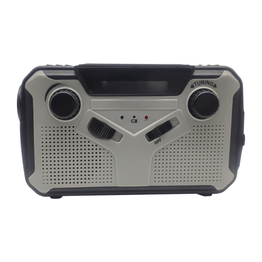Ein grau-schwarzes Radio mit zwei Knöpfen, einem Abstimmrad und einem Aus-Schalter. Der Lautsprecher hat ein Gitter aus kleinen Löchern.