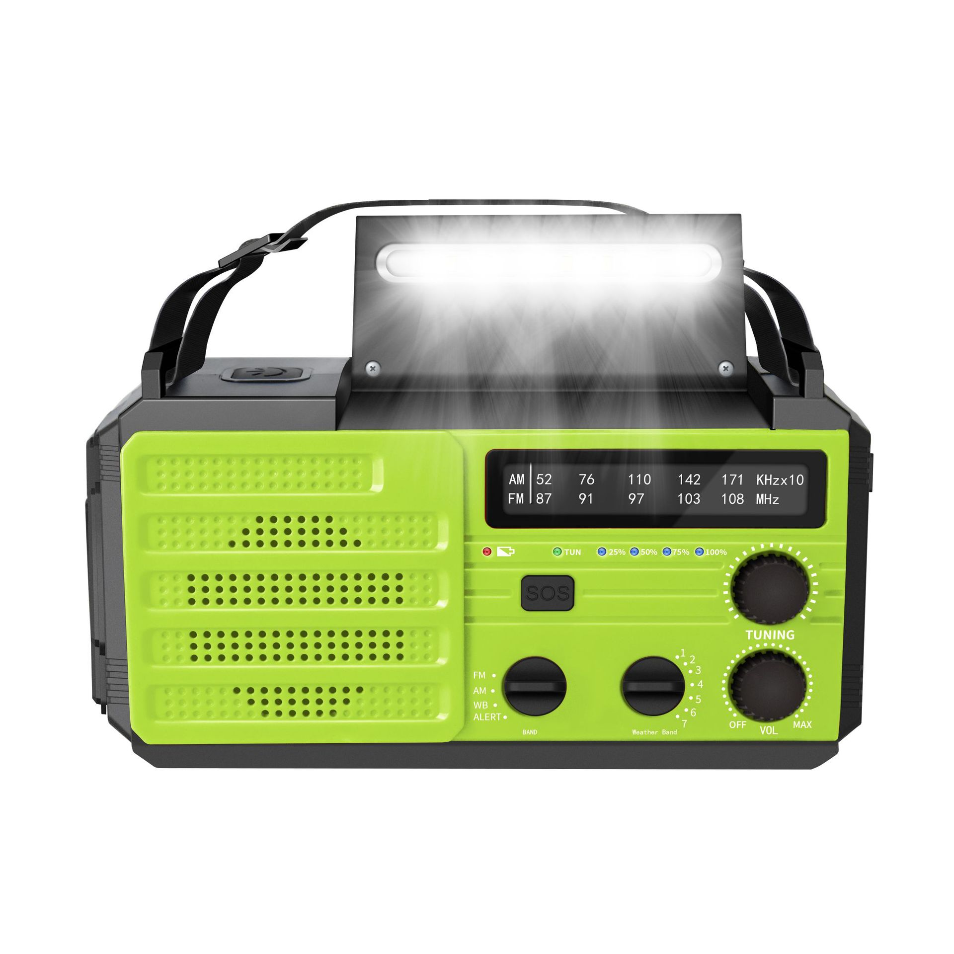 Ein grünes und schwarzes Notfallradio mit Licht und Griff. Es hat Knöpfe, Regler und ein Display mit Radiofrequenzen.