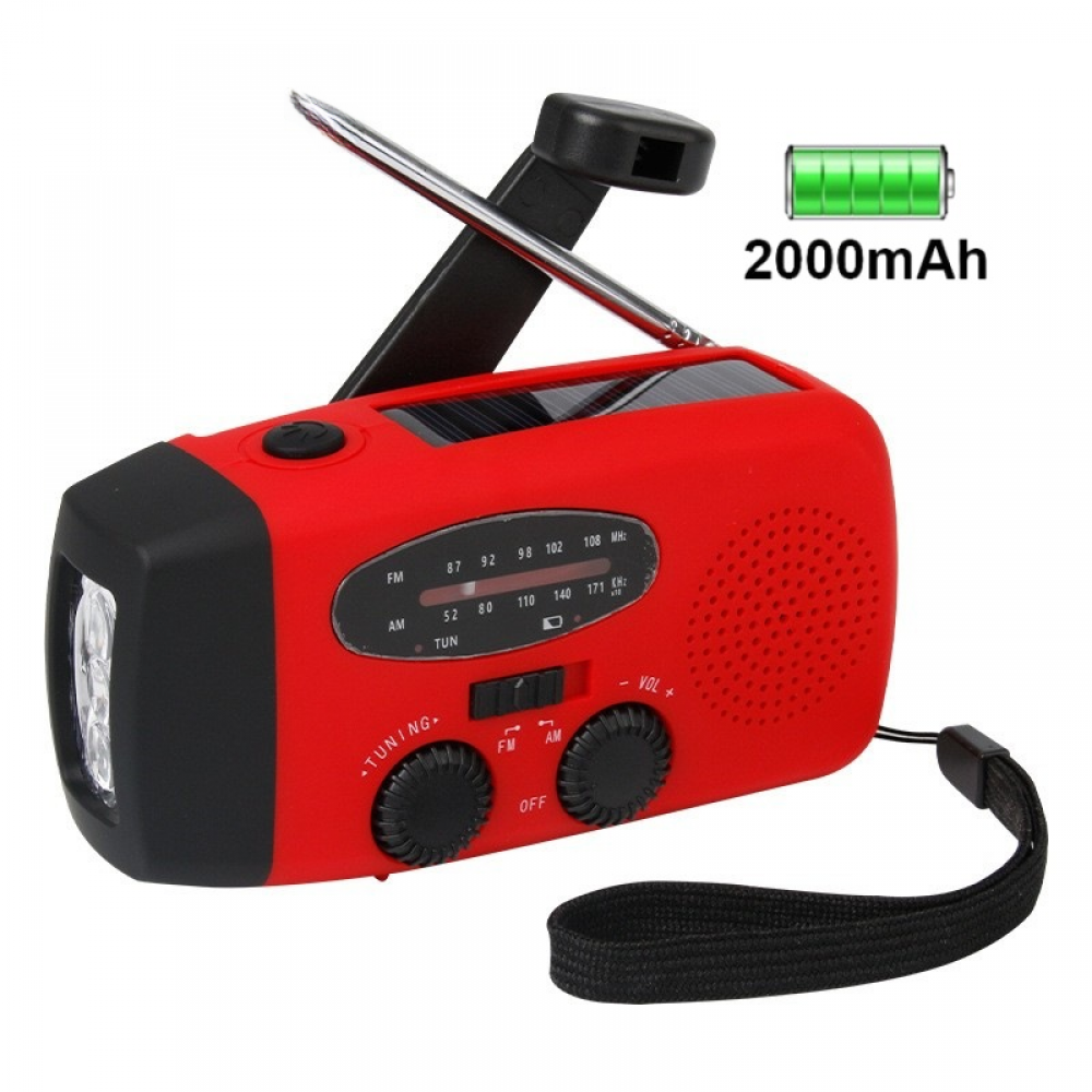 Ein rotes und schwarzes Handkurbelradio mit Taschenlampe, Solarpanel und Batterieanzeige, mit 2000 mAh.