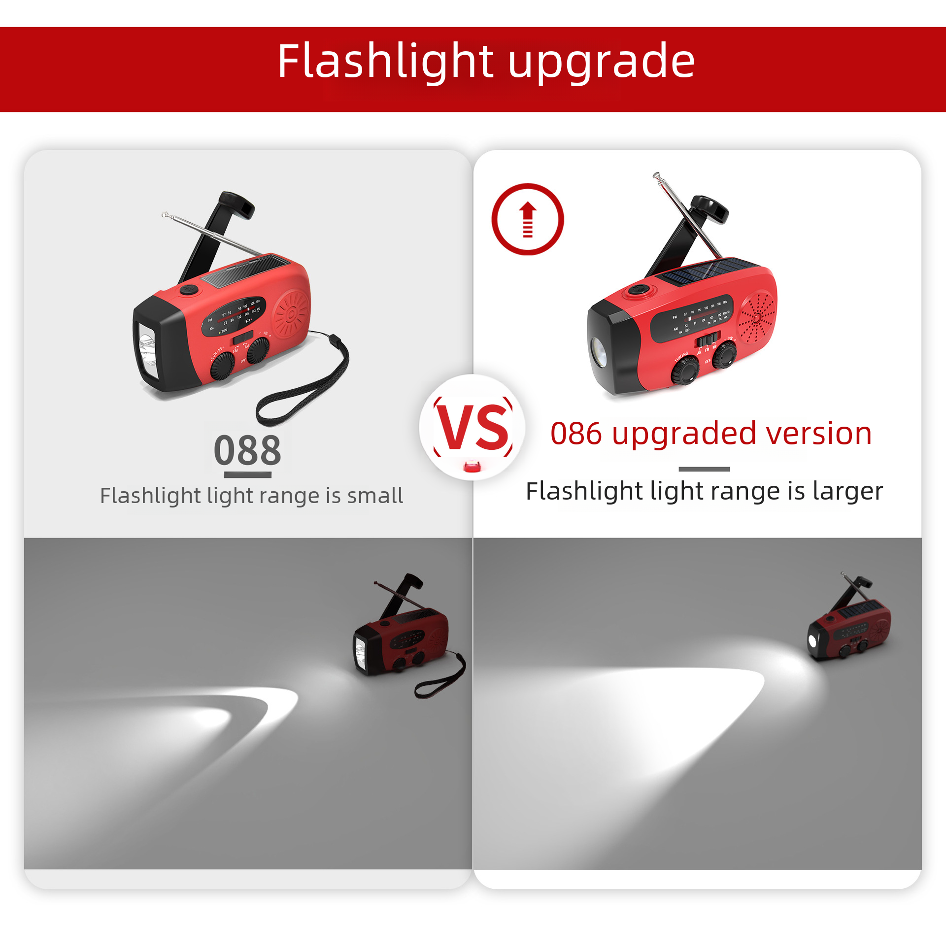 Das Bild zeigt ein Upgrade für eine Taschenlampe. Zwei rote Taschenlampen werden verglichen, wobei die Lichtreichweite hervorgehoben wird.