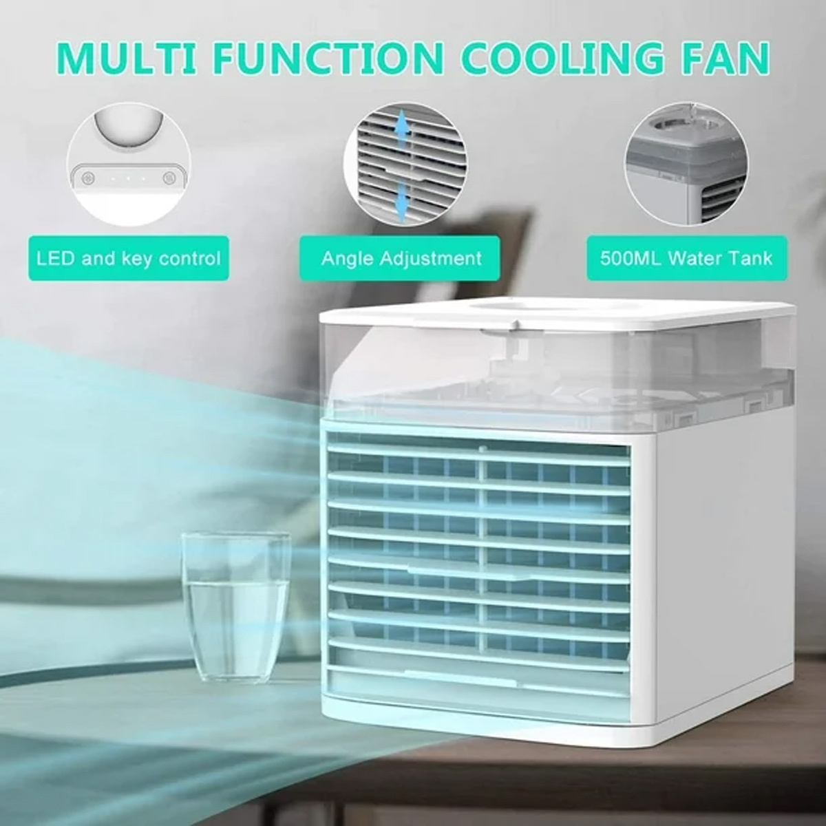 Ein weißer Multifunktions-Ventilator mit Wassertank, Winkeleinstellung und LED-Tastensteuerung. Daneben steht ein Glas Wasser.