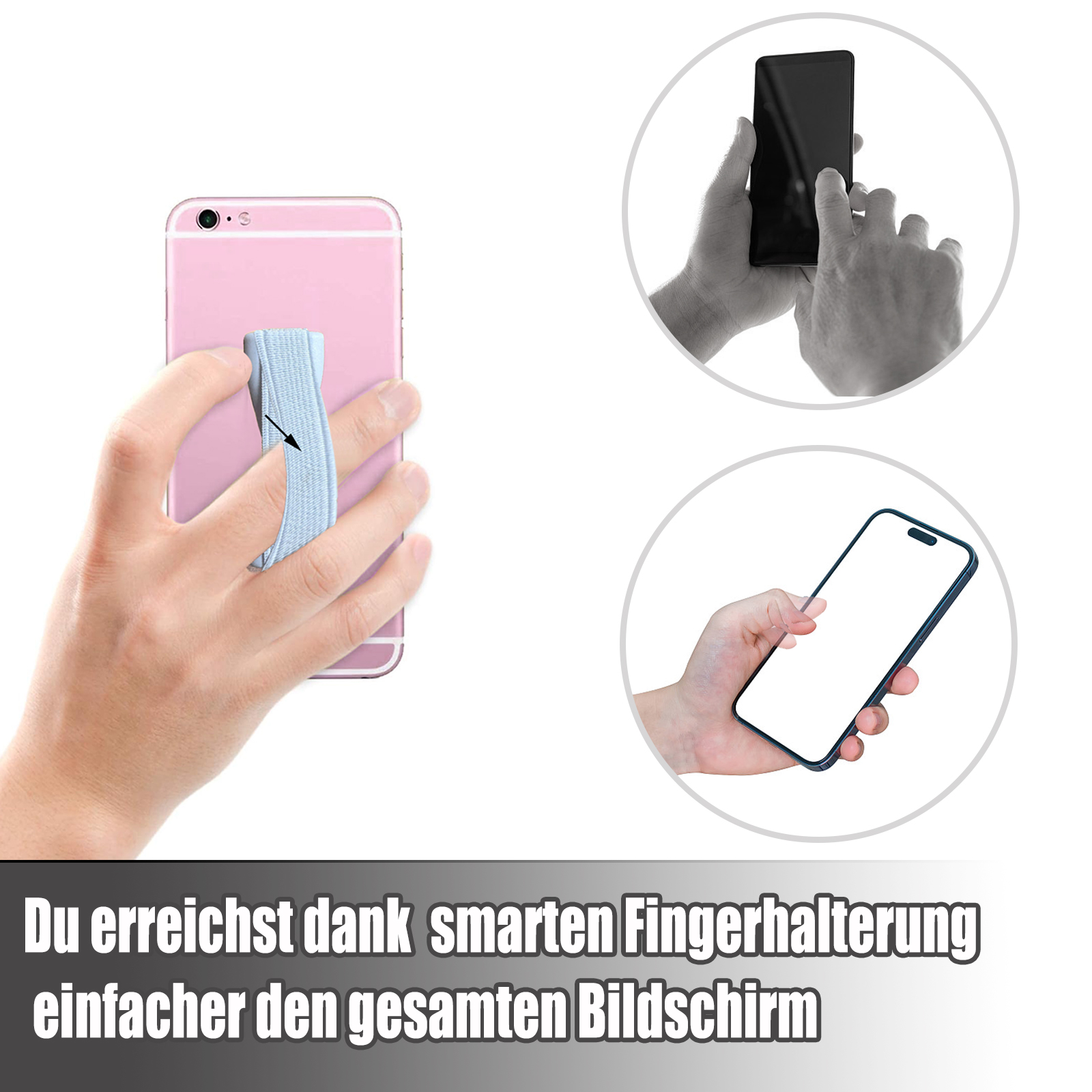 Das Bild zeigt ein rosa Telefon mit einem hellblauen Fingerhalter, zwei Hände mit Telefonen und Text unten.