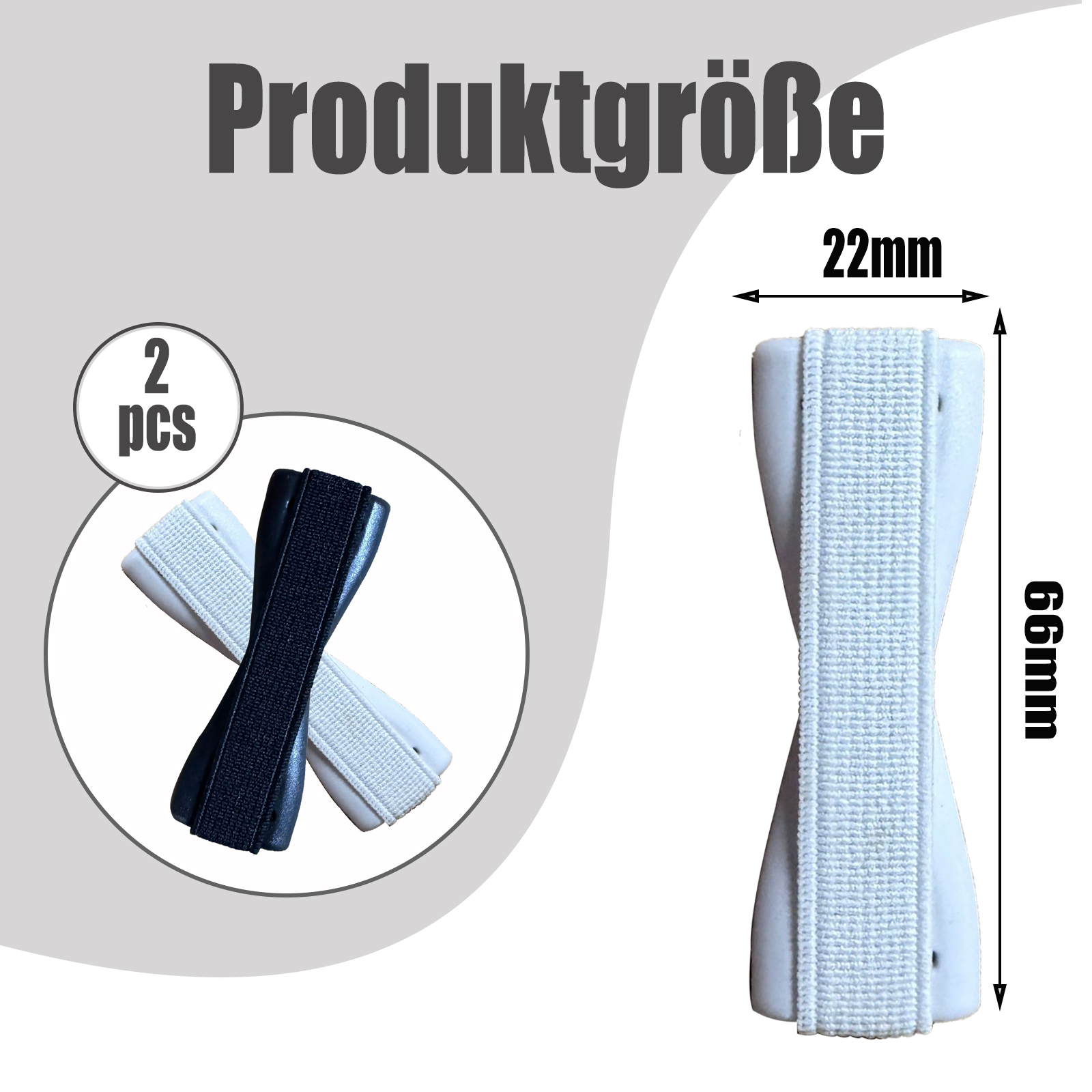Das Bild zeigt Produktdetails. Zwei Teile, schwarz und weiß, mit den Maßen 22 mm und 66 mm. Text: Produktgroße.