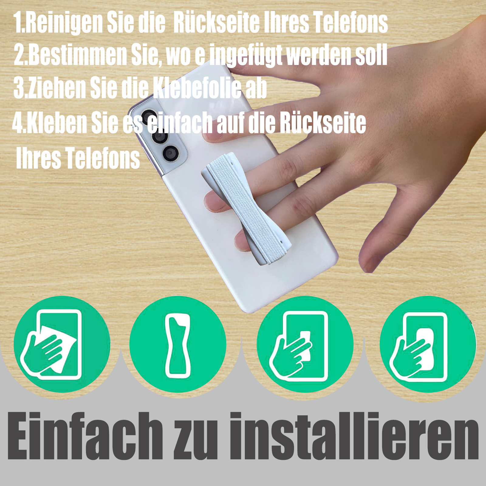 Hand hält ein weißes Telefon mit hellblauem Band. Anweisungen zur Installation sind unten abgebildet.