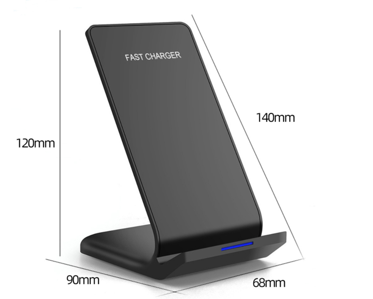 Ein schwarzes kabelloses Ladegerät mit Größenangaben. Auf der Vorderseite steht "FAST CHARGER". Unten ist ein blaues Licht.