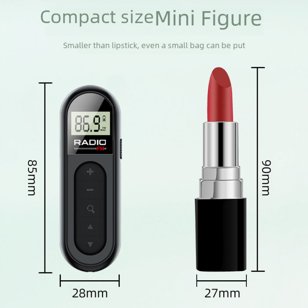 Das Bild vergleicht ein schwarzes Radio und einen Lippenstift. Das Radio ist 85 mm hoch, der Lippenstift 90 mm. Text sagt 'Kompakte Mini-Figur'.
