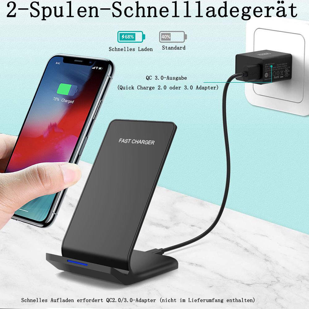 Ein Telefon, das auf einem kabellosen Ladegerät geladen wird. Das Telefon zeigt 78 % geladen an. Ein Ladegerät ist an eine Steckdose angeschlossen.