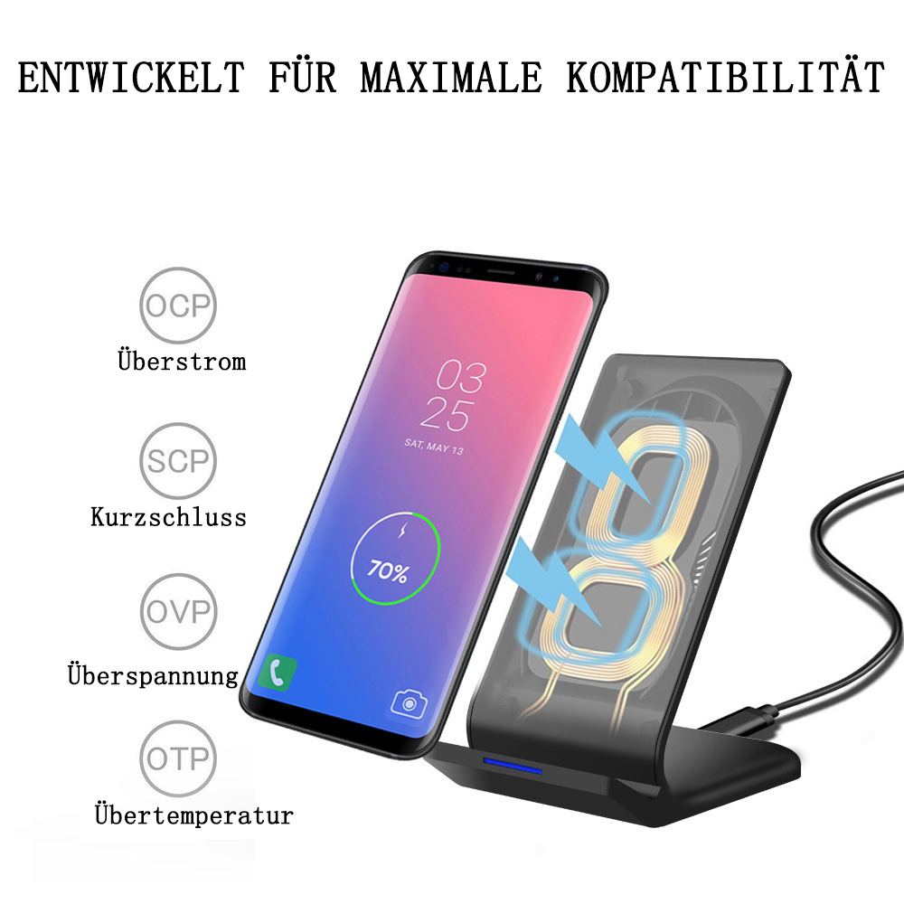 Ein Telefon, das auf einem Ständer geladen wird. Das Telefon zeigt 70% Ladung an. Text auf dem Bild enthält 'OCP', 'SCP', 'OVP', 'OTP'.