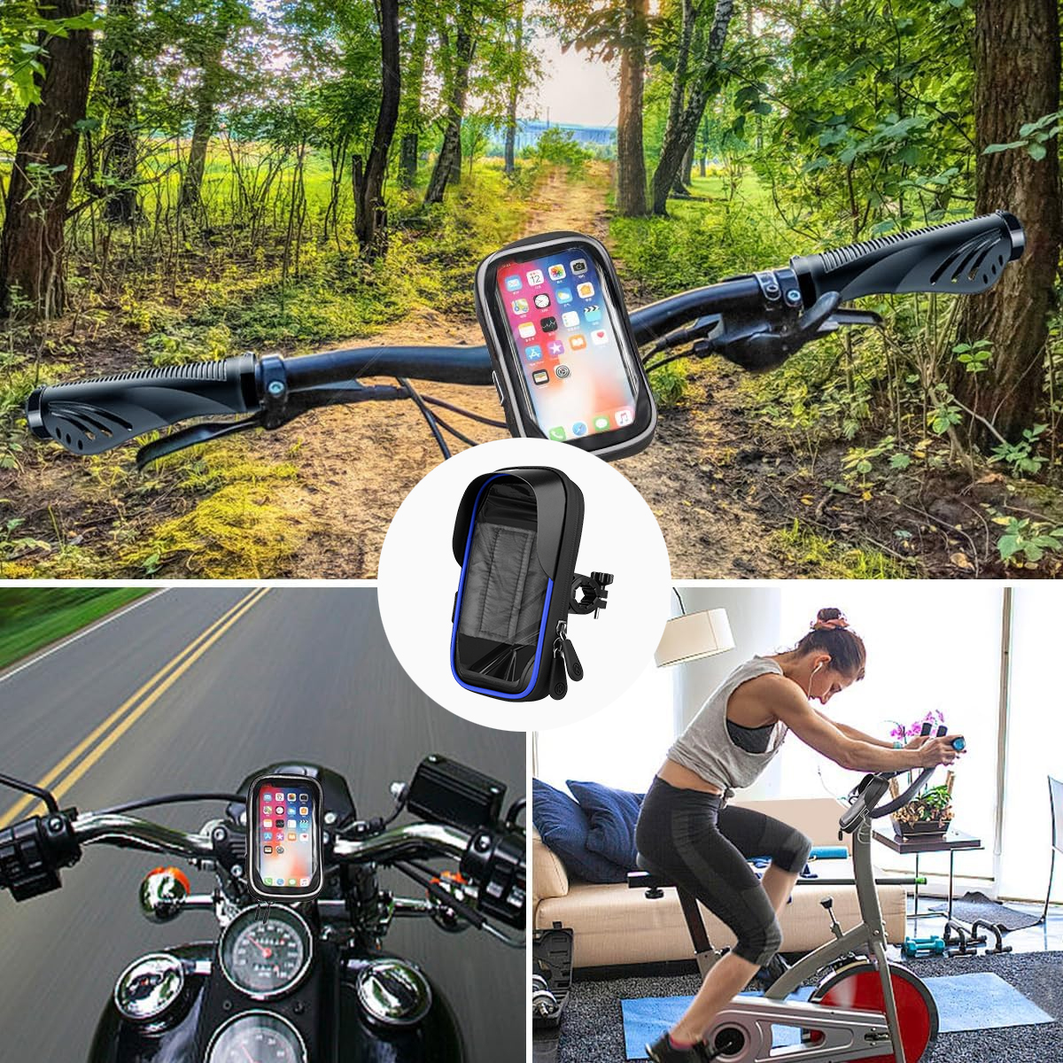 Das Bild zeigt ein Telefon in einer Halterung an einem Fahrrad, Motorrad und stationären Fahrrad, was seine Verwendung demonstriert. Eine Frau trainiert.