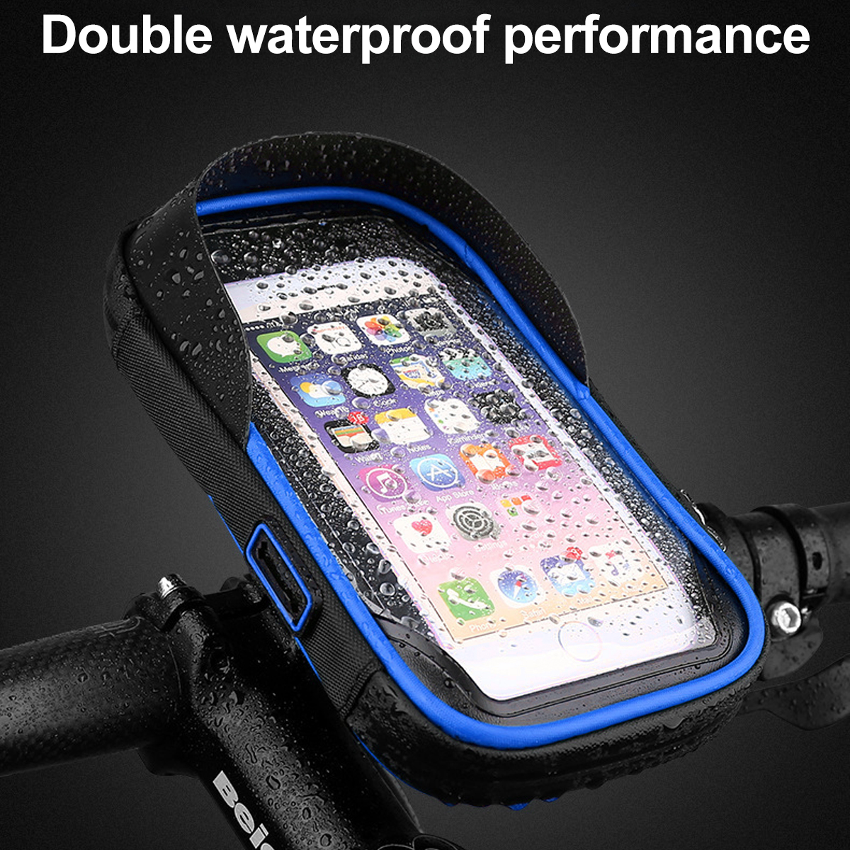 Eine wasserdichte Handyhülle an einem Fahrradlenker. Das Telefon zeigt Apps an und ist mit Wassertropfen bedeckt. Schwarze und blaue Akzente sind vorhanden.