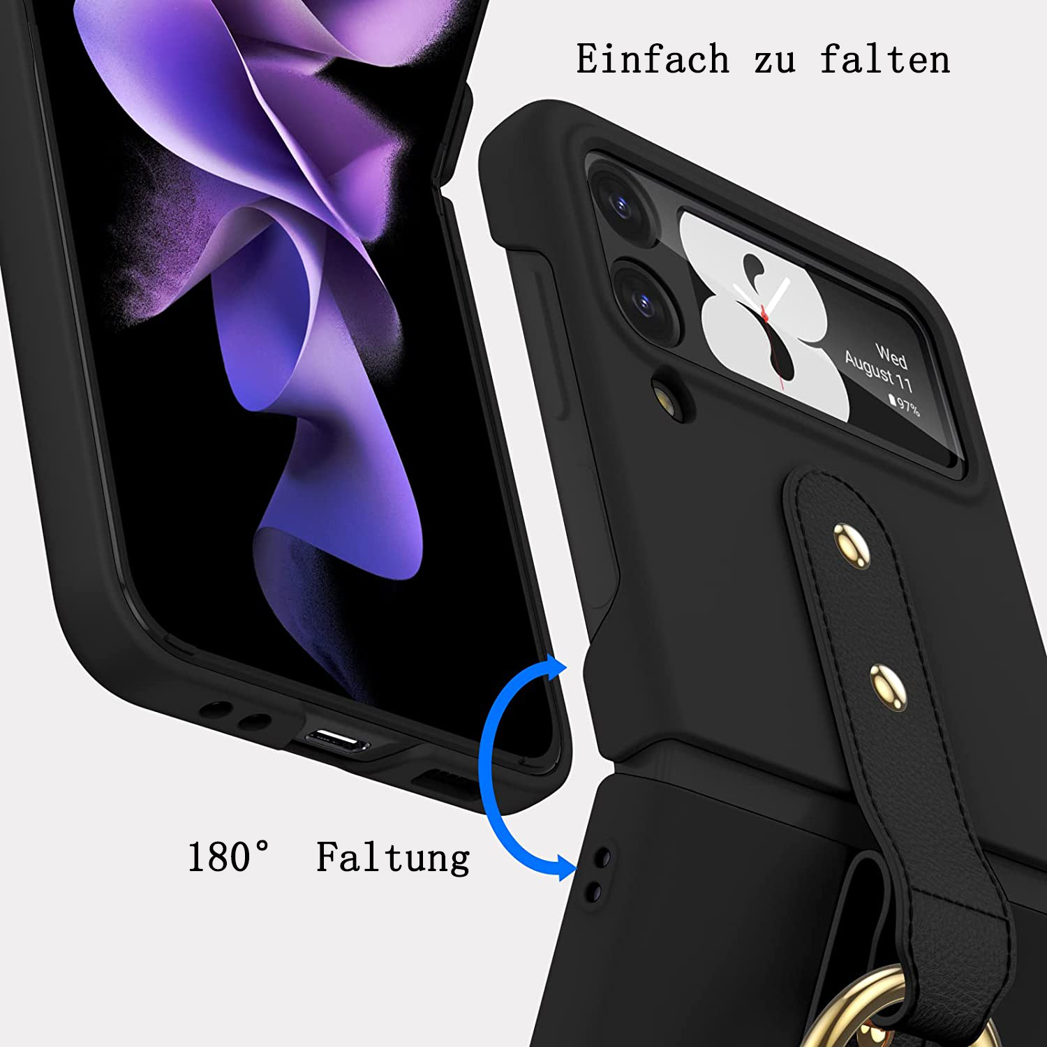 Schwarze Handyhülle mit Bildschirm, der ein lila Design zeigt. Das Telefon wird bei 180 Grad gefaltet.