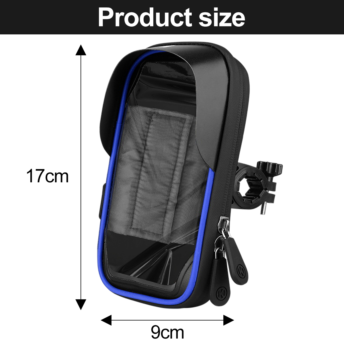 Schwarze Handyhülle mit blauen Zierleisten, an einem Fahrrad montiert. Abmessungen: 17 cm hoch, 9 cm breit. Text Produktdimensionen.