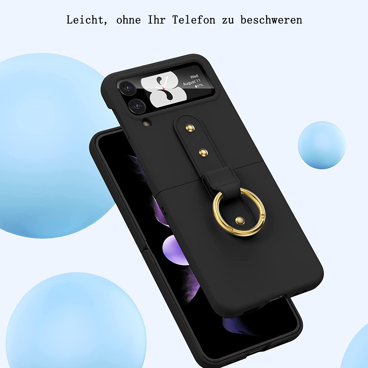Schwarze Handyhülle mit goldenem Ring und Riemen. Das Telefon zeigt Datum und Uhrzeit an. Kugeln im Hintergrund.