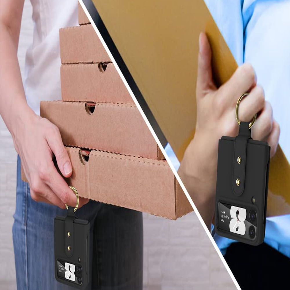 Person hält Pizzakartons und eine Handyhülle. Eine andere Person hält ein braunes Paket. Beide haben schwarze Handyhüllen.