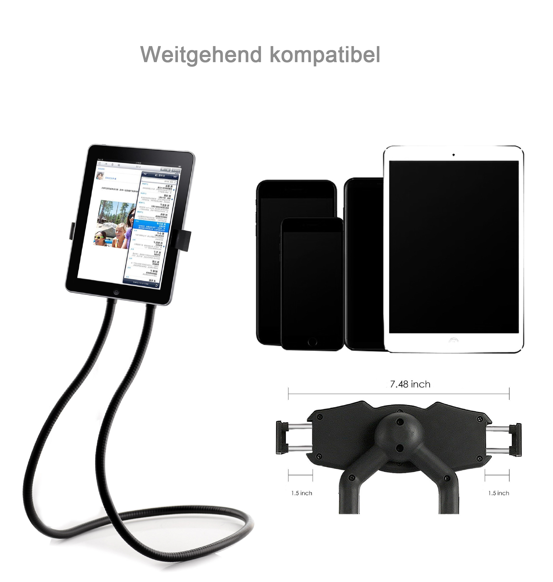 Ein iPad, das von einem flexiblen schwarzen Arm gehalten wird, mit Telefonen dahinter. Unten ist die Telefonhalterung.
