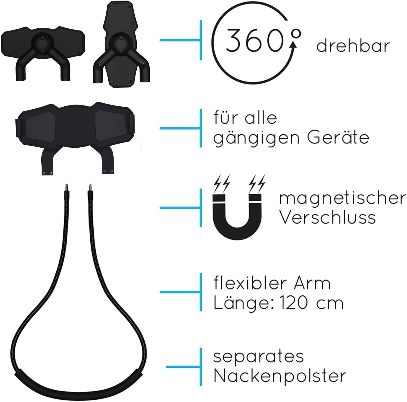 Schwarzer Telefonhalter mit Teilen, flexiblem Arm und Text auf Deutsch. Der Halter hat eine 360°-Drehung, einen Magnetverschluss und Nackenpolster.