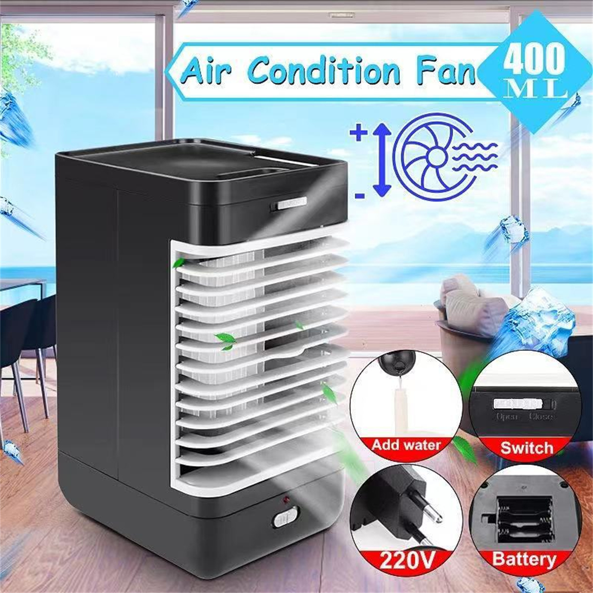 Schwarzer Klimaanlagenventilator mit weißen Lamellen. Enthält Wassereinfüllung, Schalter, 220V-Stecker und Batteriefunktionen. Fenster im Hintergrund.