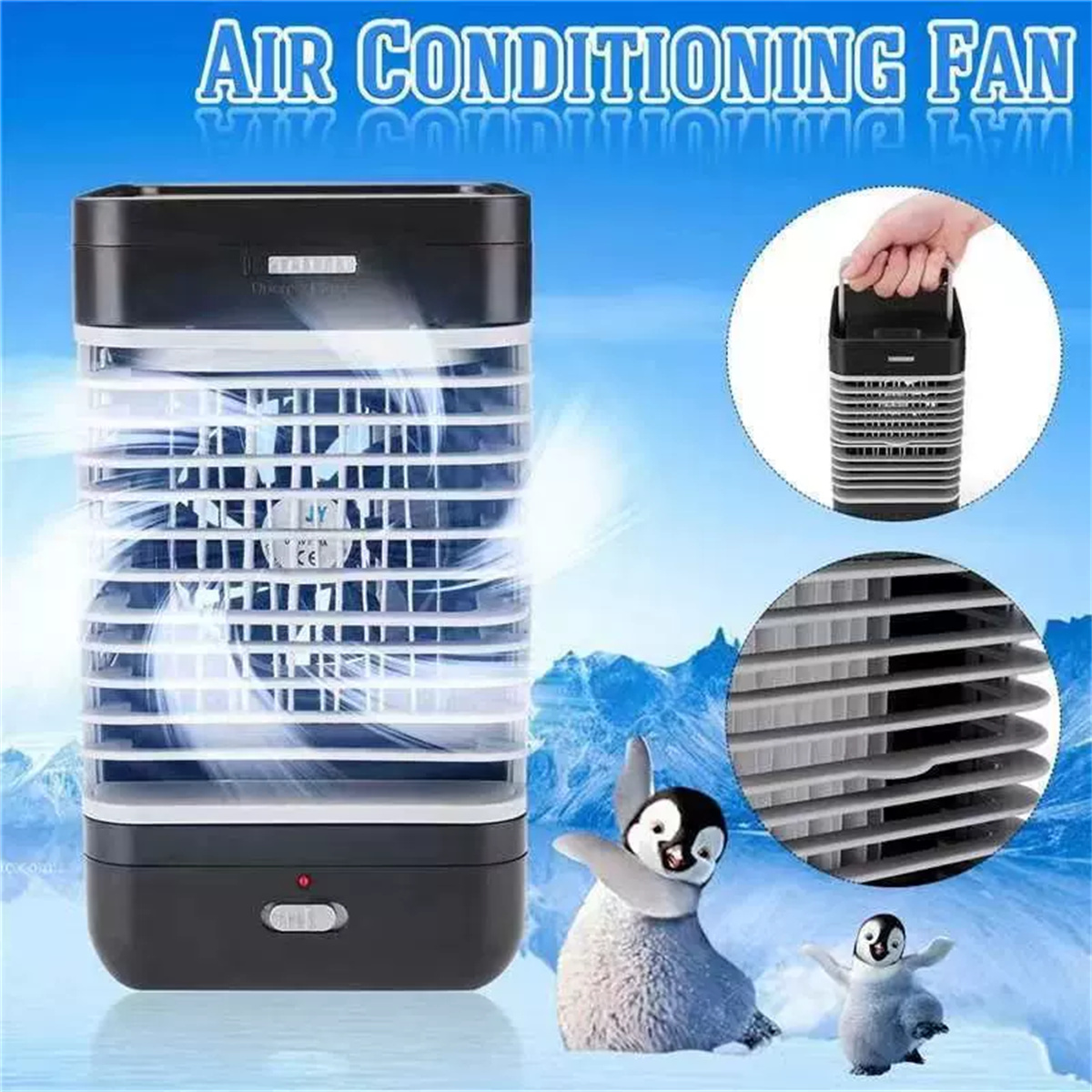 Ein Klimaanlagenventilator wird angezeigt. Ein Pinguin befindet sich im Vordergrund. Es gibt drei kreisförmige Bilder, die den Ventilator hervorheben.