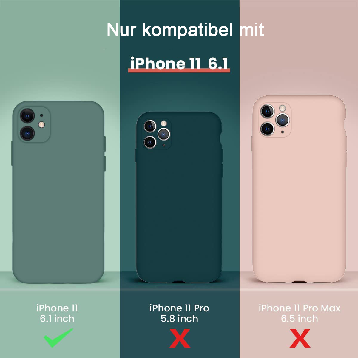 Bild zeigt Handyhüllen. Kompatibel mit iPhone 11 6,1 Zoll. Andere Modelle sind nicht kompatibel. Häkchen und Kreuze werden verwendet.