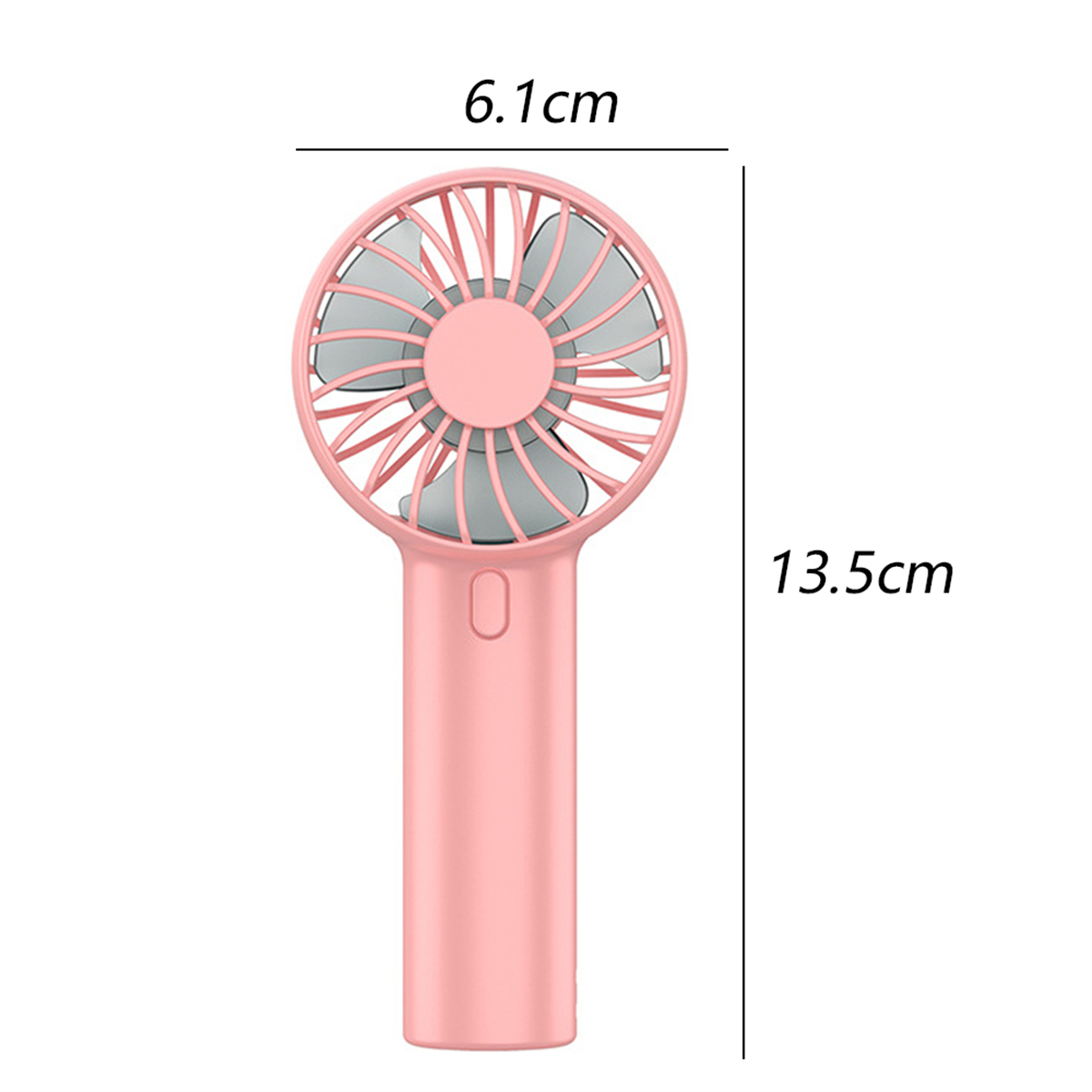 Ein rosa Handventilator. Er hat einen runden Lüfter mit grauen Flügeln, einen rosa Griff und einen Knopf. Abmessungen: 6,1 cm x 13,5 cm.