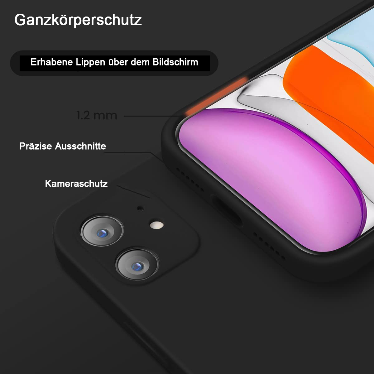 Eine schwarze Handyhülle schützt ein Handy mit farbenfrohem Bildschirm. Textkennzeichnungen heben Funktionen wie Kameraschutz hervor.
