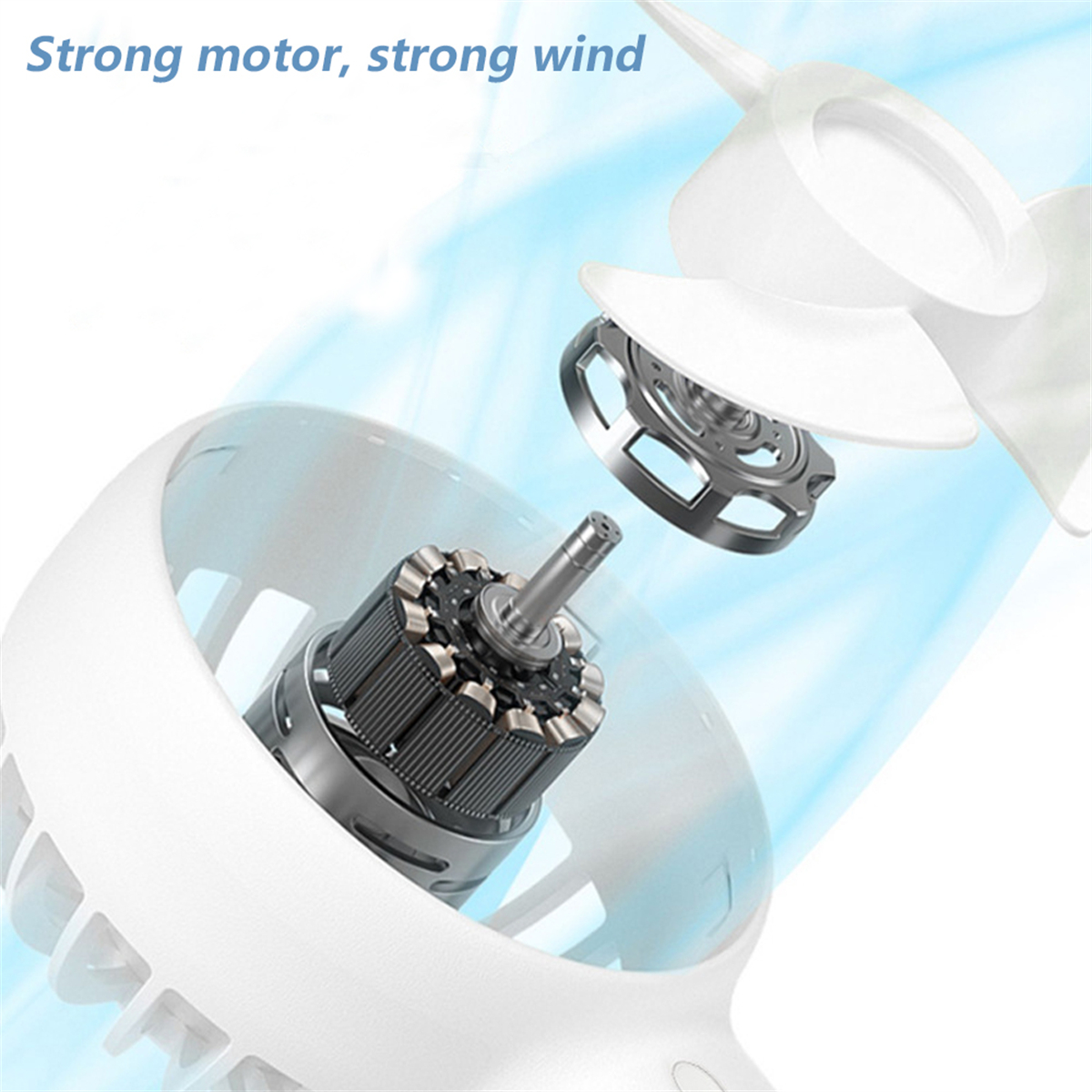 Diagramm eines zerlegten Ventilators. Die weißen Lüfterkomponenten zeigen Motor und Blätter mit blauem Windeffekt.