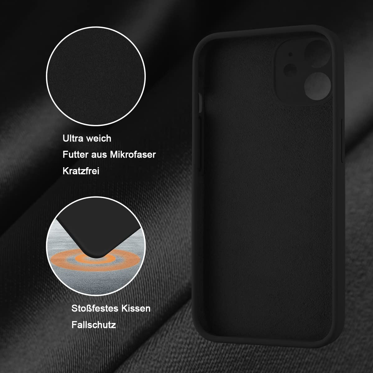 Schwarze Handyhülle mit Illustrationen von Funktionen wie ultraweich, Mikrofaserfutter, kratzfrei und stoßabsorbierendes Kissen.