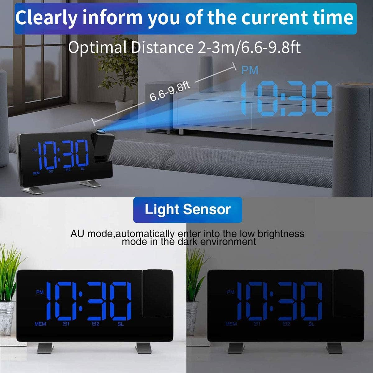 Digitaluhr zeigt 22:30 Uhr an und projiziert die Zeit an die Wand. Text zeigt einen optimalen Abstand von 2-3m. Lichtsensor-Funktion.