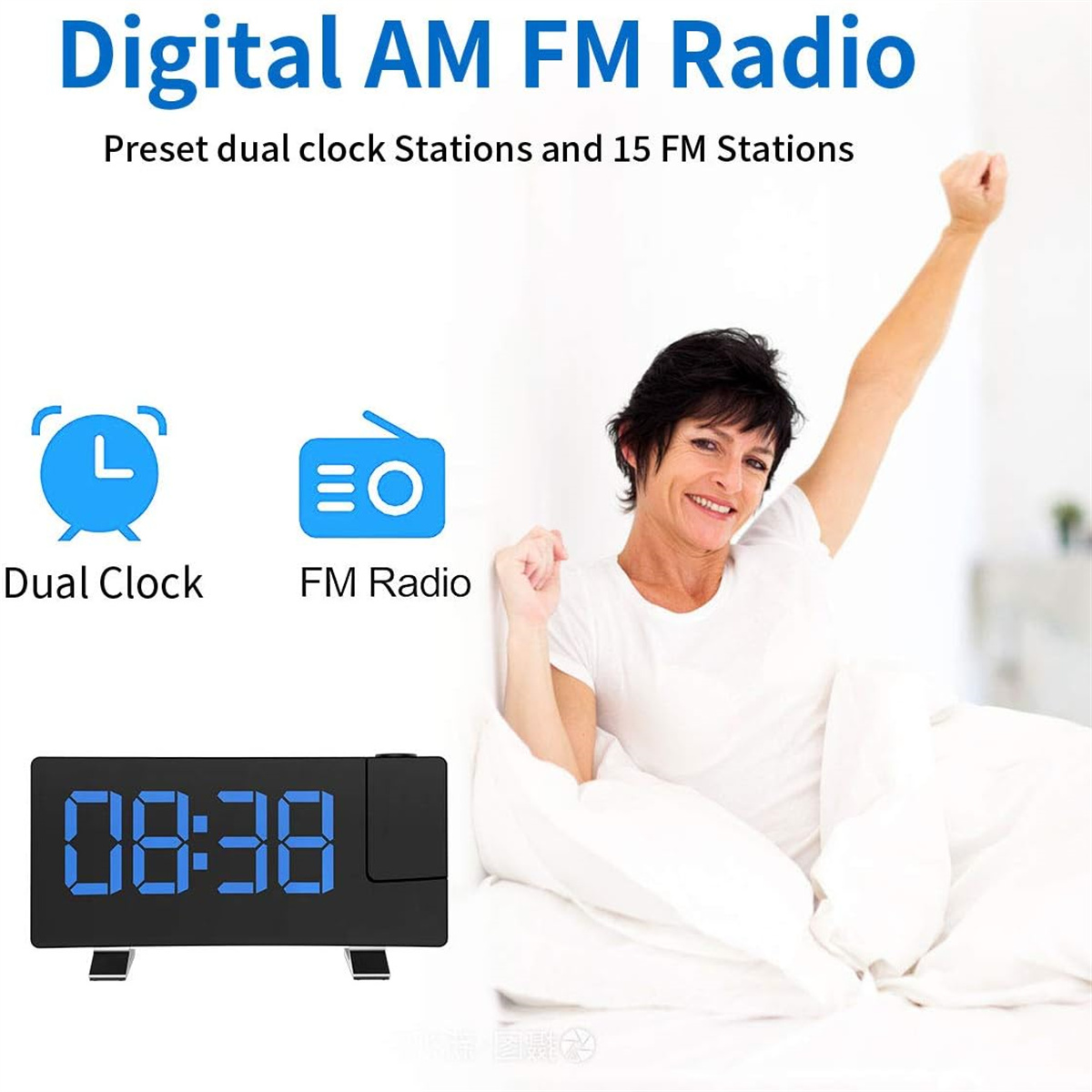 Eine Frau im Bett dehnt sich und lächelt. Eine Digitaluhr zeigt 08:38. Symbole für Dual-Clock und UKW-Radio sind sichtbar.
