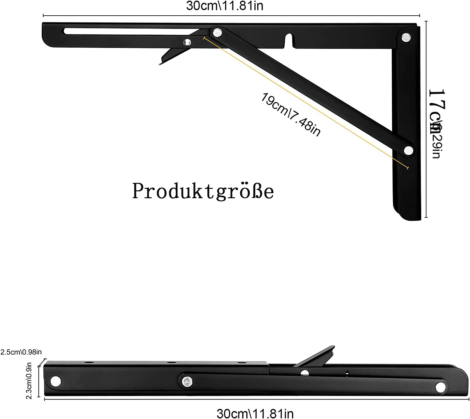 Schwarze, klappbare Regalhalterung mit Maßangaben. Draufsicht zeigt 30 cm und 17 cm. Unteransicht zeigt 30 cm und 2,3 cm.