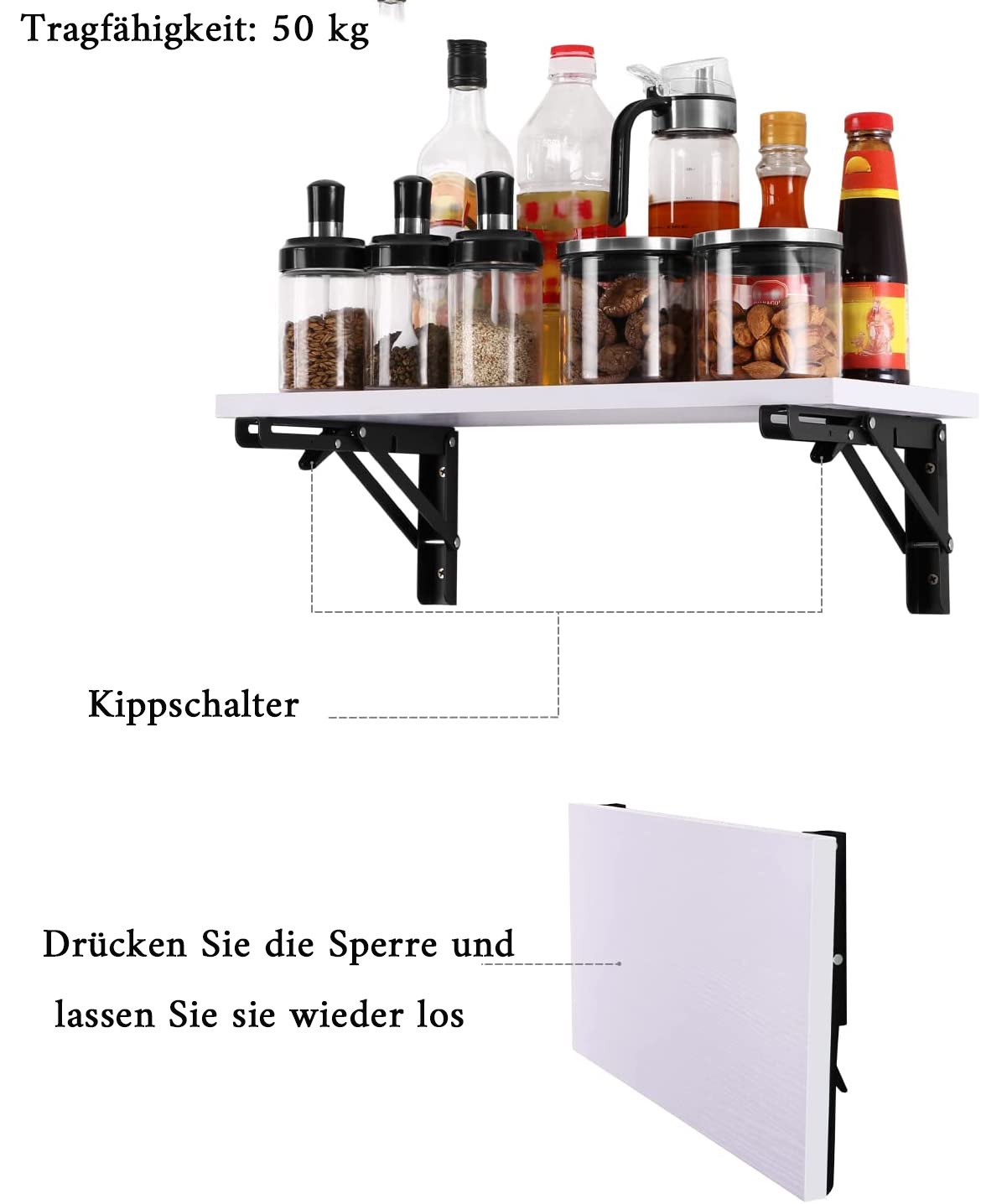 Regal mit Gläsern und Flaschen. Text: 'Tragfähigkeit: 50 kg'. Darunter weiße Fläche und schwarze Stützen.