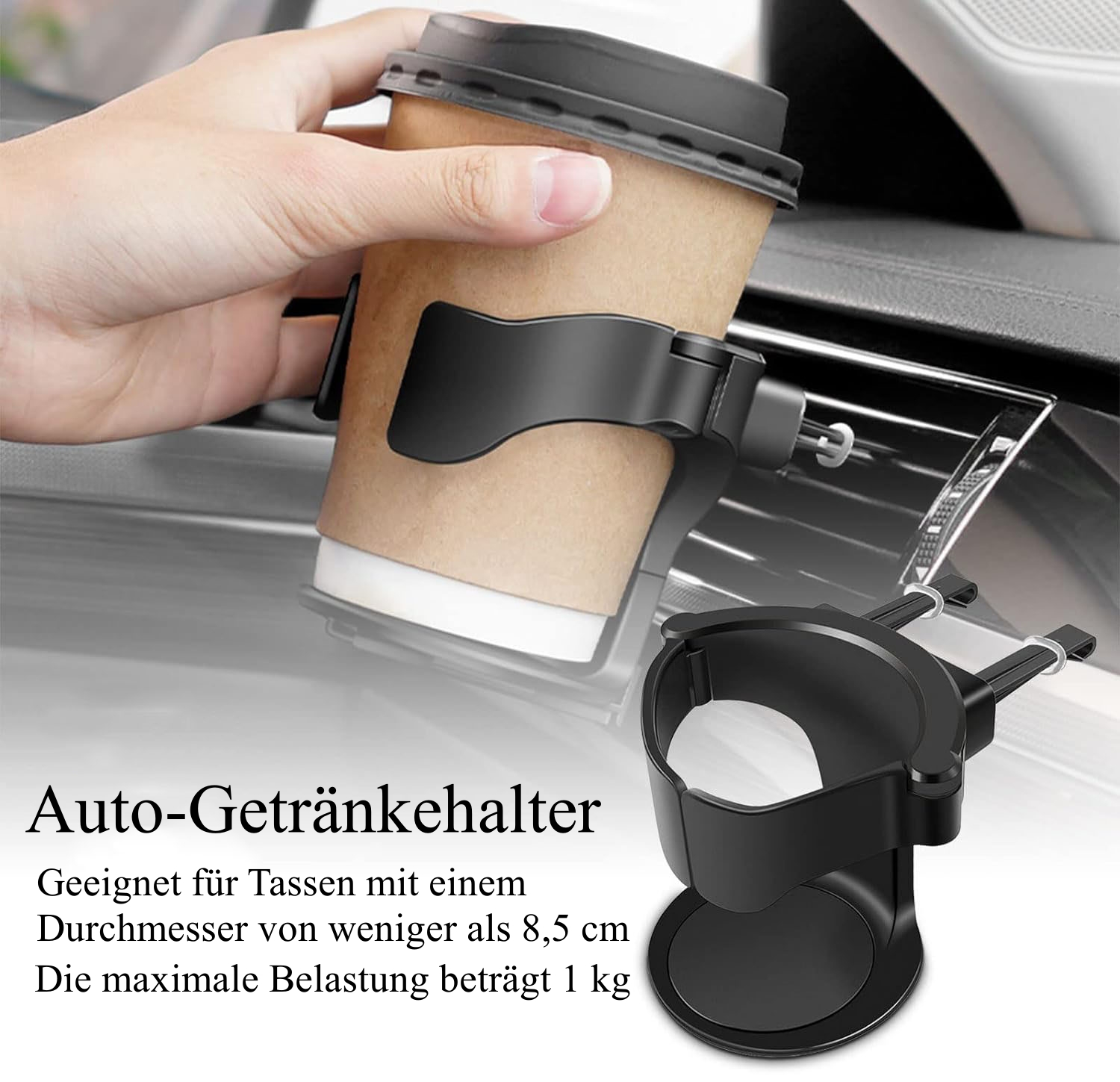Eine Hand hält einen Kaffeebecher in einem Auto-Getränkehalter. Der Halter ist schwarz. Text unten: Auto-Getränkehalter.