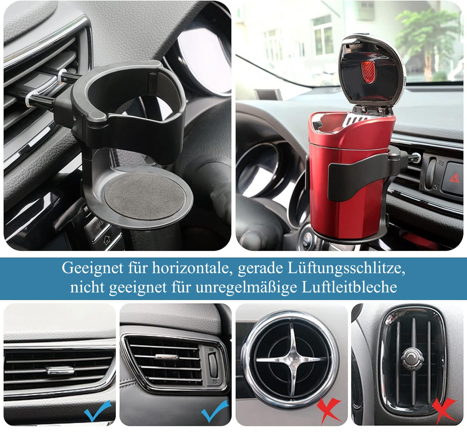 Autoinnenraum mit Getränkehalter und Aschenbecher an den Armaturenbrett-Luftdüsen. Beispiele für kompatible und inkompatible Lüftungsschlitze.
