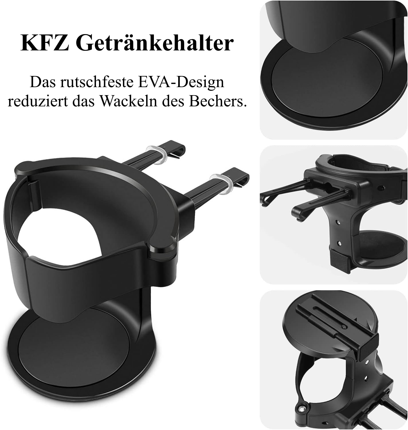 Schwarzer Auto-Getränkehalter mit Text "KFZ Getränkehalter". Enthält Nahaufnahmen der verschiedenen Teile des Halters.