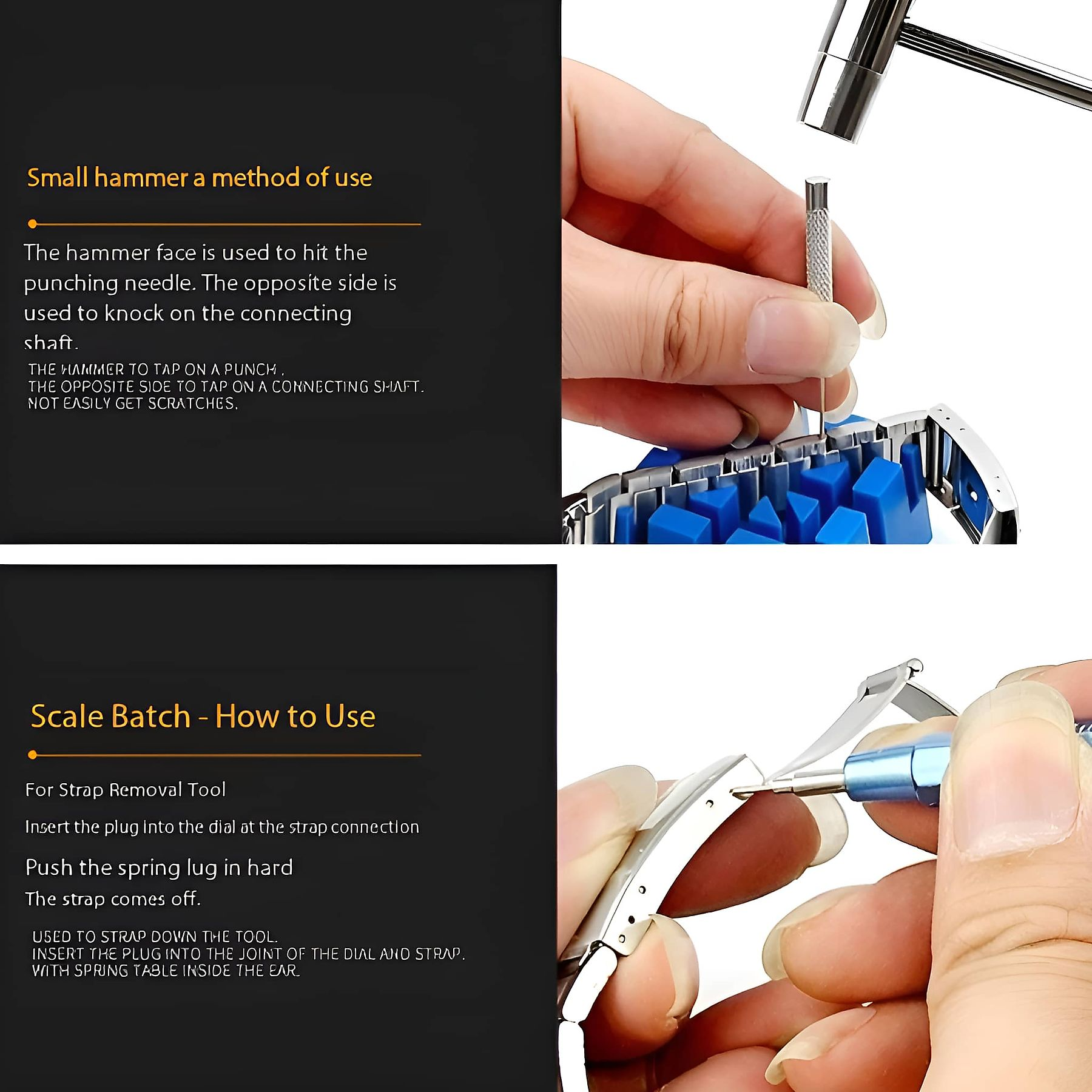 Eine Hand benutzt einen Hammer und eine Nadel, um ein Uhrenarmband anzupassen. Eine andere Hand benutzt ein Werkzeug, um ein Armband zu entfernen.